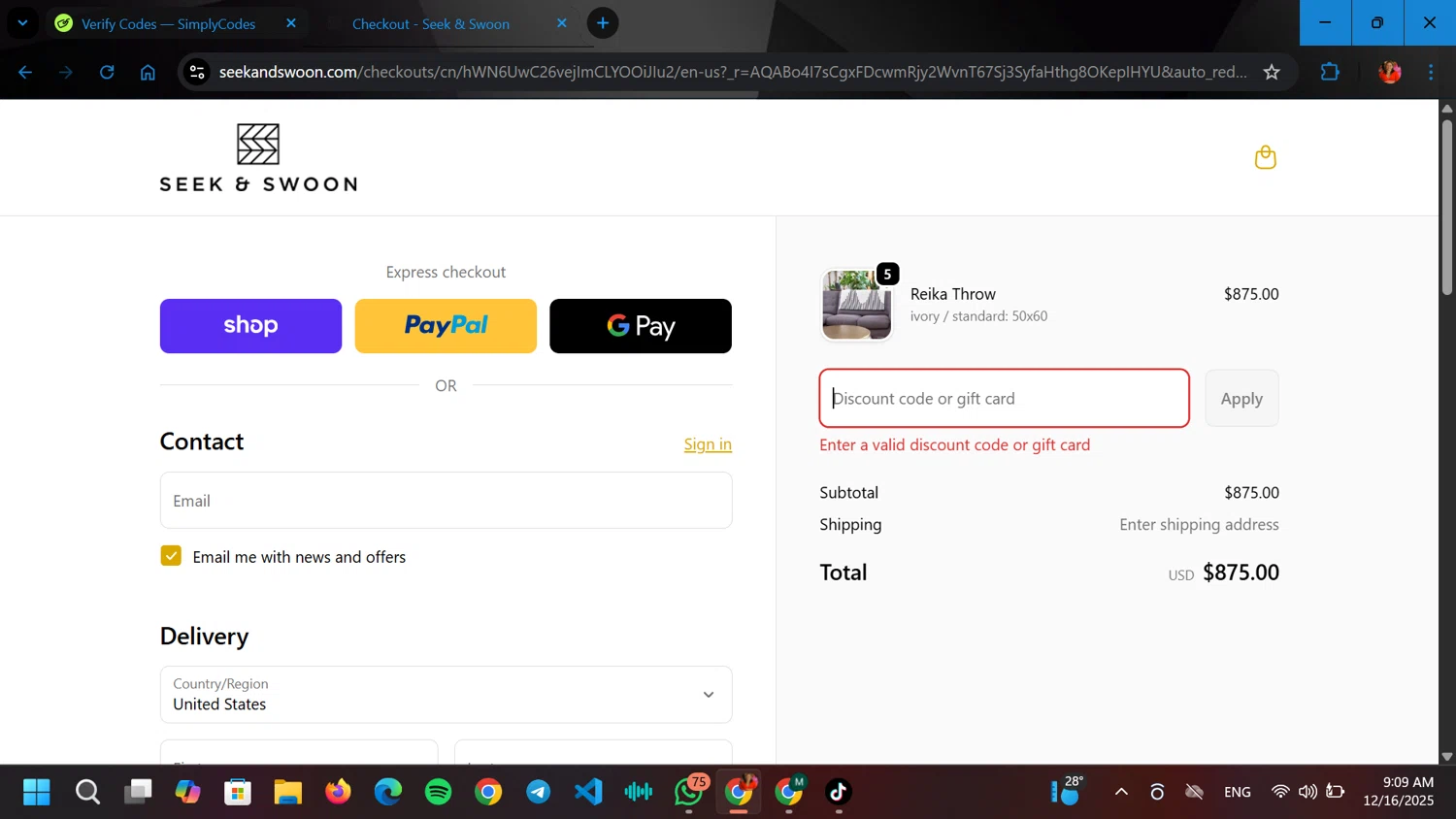 Seek & Swoon promo code screenshot showing code HOLIDAY20 applied at Seek & Swoon checkout page. Uploaded by SimplyCodes community member ELGOAT on Dec 16, 2025