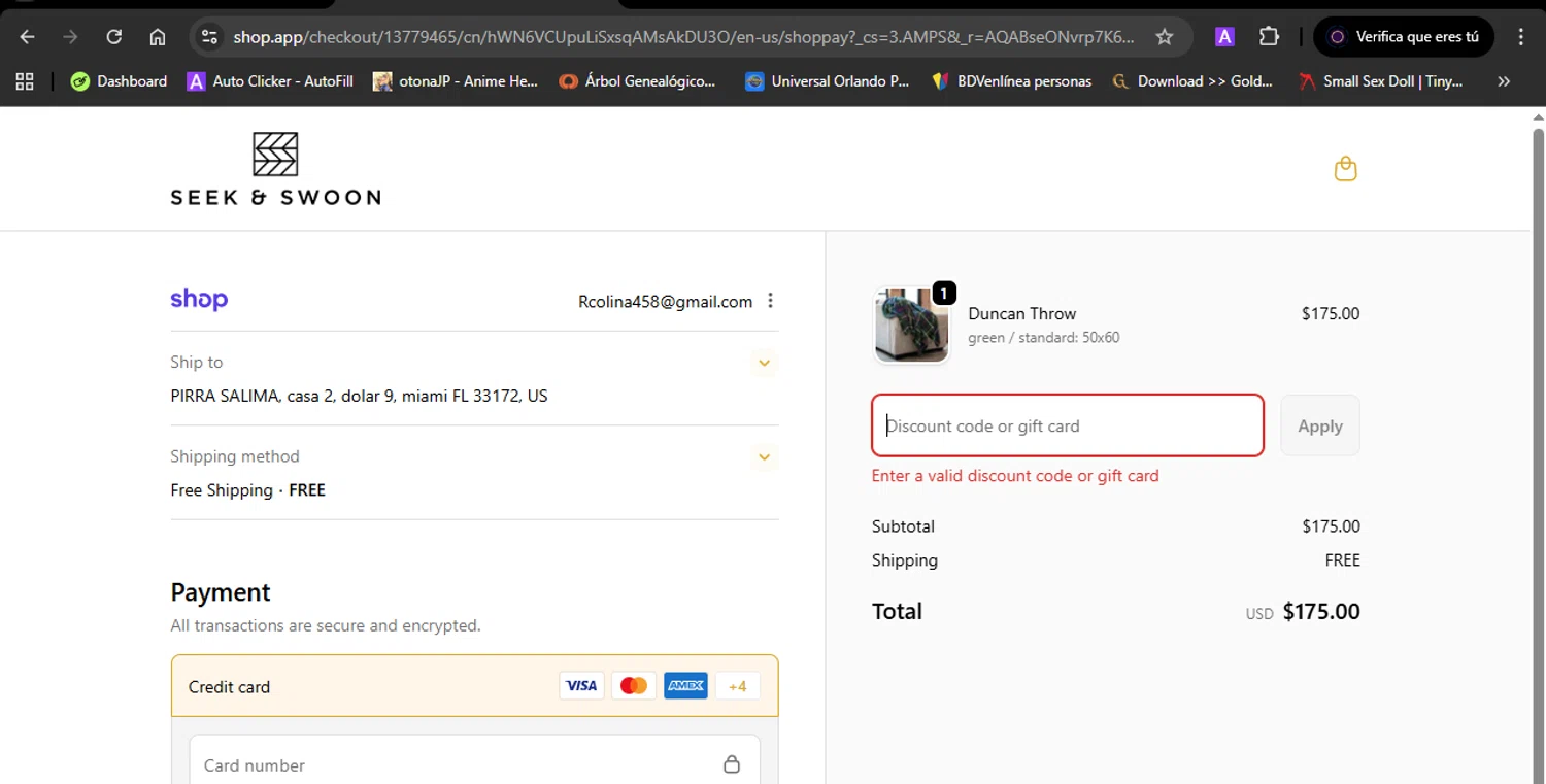 Seek & Swoon promo code screenshot showing code HOLIDAY20 applied at Seek & Swoon checkout page. Uploaded by SimplyCodes community member ShieldWarden5142 on Dec 16, 2025