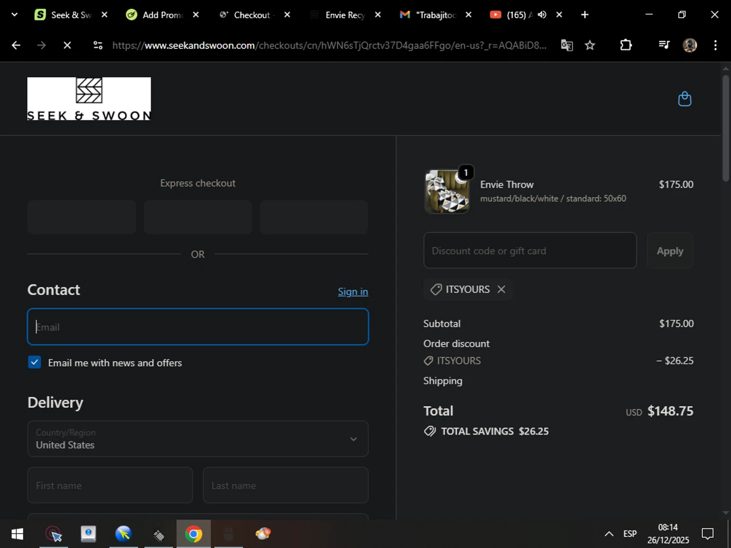 Seek & Swoon promo code screenshot showing code ITSYOURS applied at Seek & Swoon checkout page. Uploaded by SimplyCodes community member MarcosAranguren on Dec 26, 2025