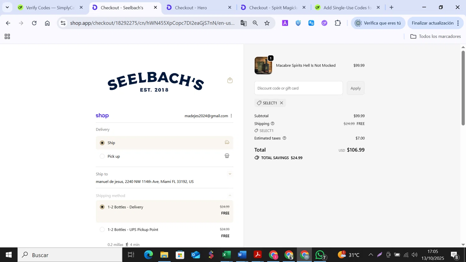 Seelbach's discount code screenshot showing code SELECT1 applied at Seelbach's checkout page. Uploaded by SimplyCodes community member MANUELURBINA on Oct 13, 2025