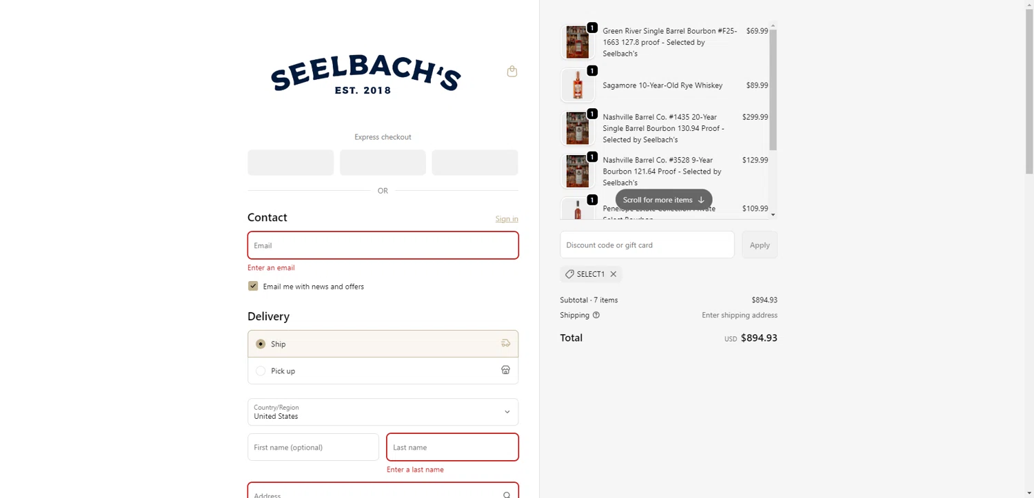 Seelbach's discount code screenshot showing code SELECT1 applied at Seelbach's checkout page. Uploaded by SimplyCodes community member NobleMaestro6498 on Oct 15, 2025
