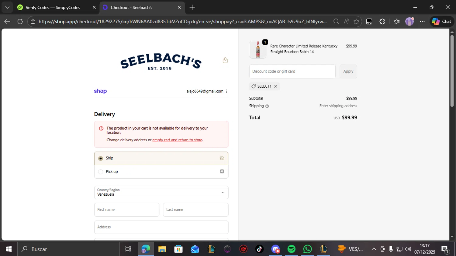 Seelbach's discount code screenshot showing code SELECT1 applied at Seelbach's checkout page. Uploaded by SimplyCodes community member THEBANANA on Dec 7, 2025