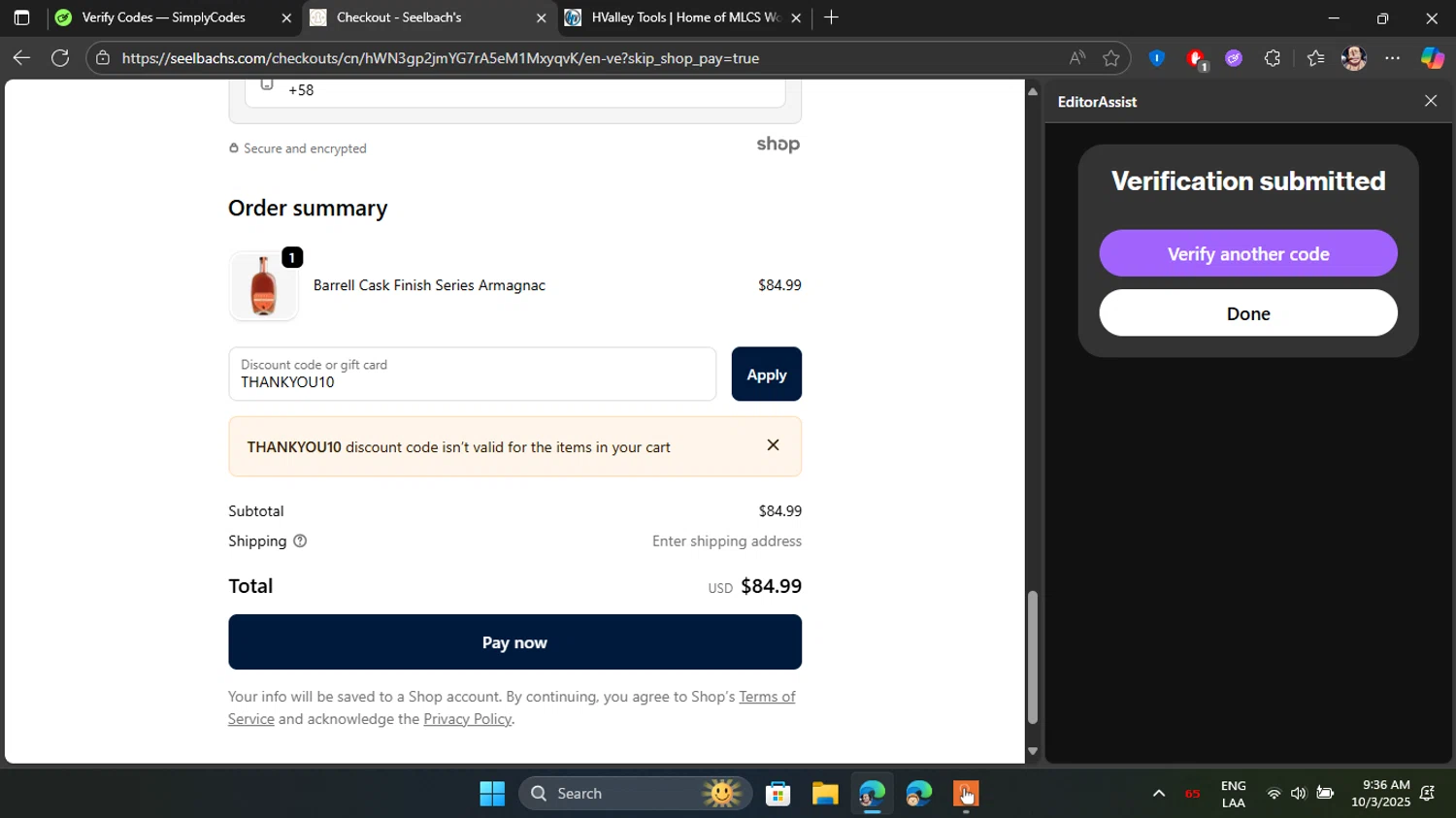 Seelbach's discount code screenshot showing code THANKYOU10 applied at Seelbach's checkout page. Uploaded by SimplyCodes community member Blackleg_Sanji on Oct 3, 2025