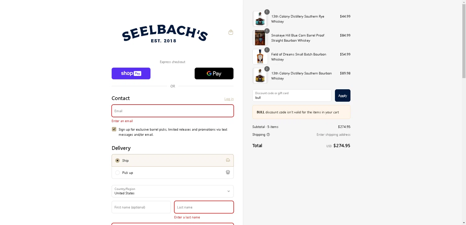 Seelbach's discount code screenshot showing code bull applied at Seelbach's checkout page. Uploaded by SimplyCodes community member VoucherHero1009 on Aug 9, 2025