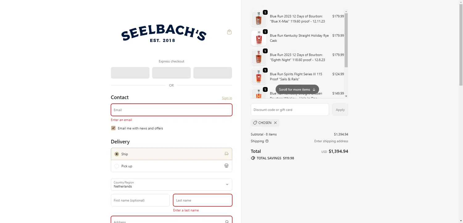 Seelbach's discount code screenshot showing code chosen applied at Seelbach's checkout page. Uploaded by SimplyCodes community member SilverPioneer1110 on Oct 15, 2025