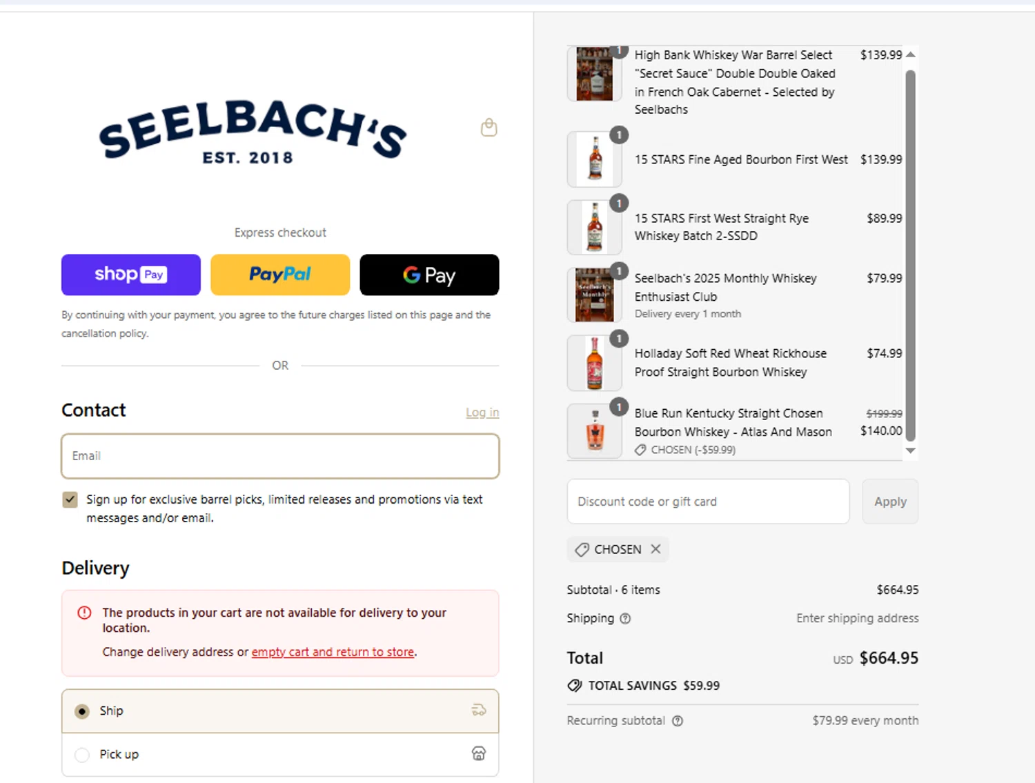 Seelbach's discount code screenshot showing code chosen applied at Seelbach's checkout page. Uploaded by SimplyCodes community member danielgonzalez5 on Aug 17, 2025
