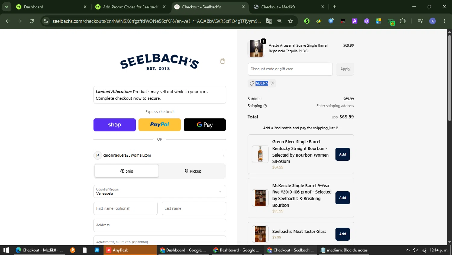 Seelbach's promo code screenshot showing code ADCNN applied at Seelbach's checkout page. Uploaded by SimplyCodes community member Carolina23 on Jun 18, 2026