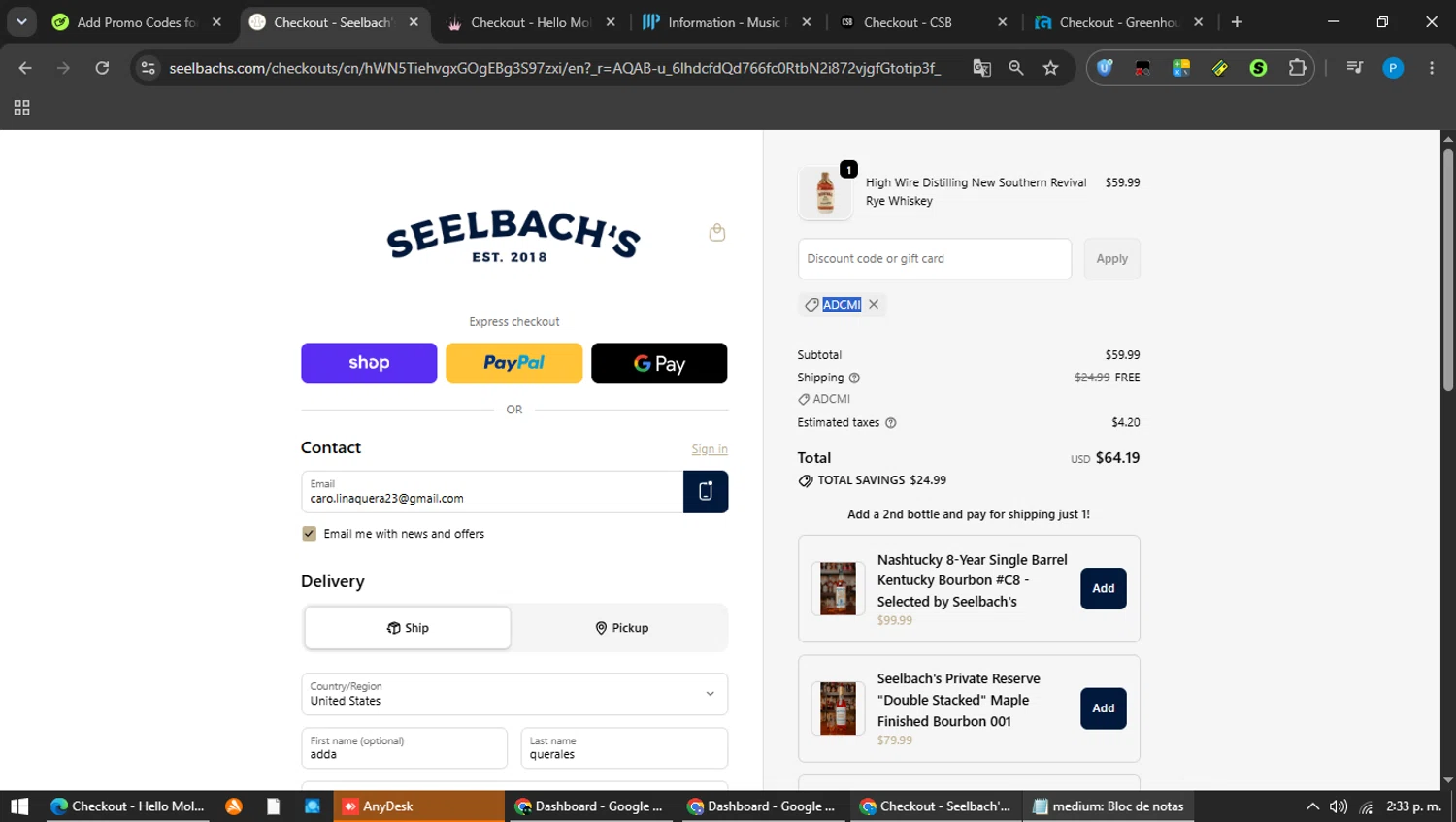 Seelbach's promo code screenshot showing code ADCMI applied at Seelbach's checkout page. Uploaded by SimplyCodes community member MAVESA on Jun 20, 2026