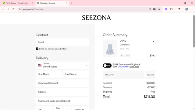 Seezona checkout page showing Seezona promo code box | Screenshot taken by SimplyCodes community member on Jul 1, 2025