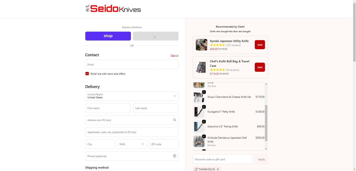 Seido Knives discount code screenshot showing code THANKYOU15 applied at Seido Knives checkout page. Uploaded by SimplyCodes community member PennyRanger8219 on Dec 6, 2025
