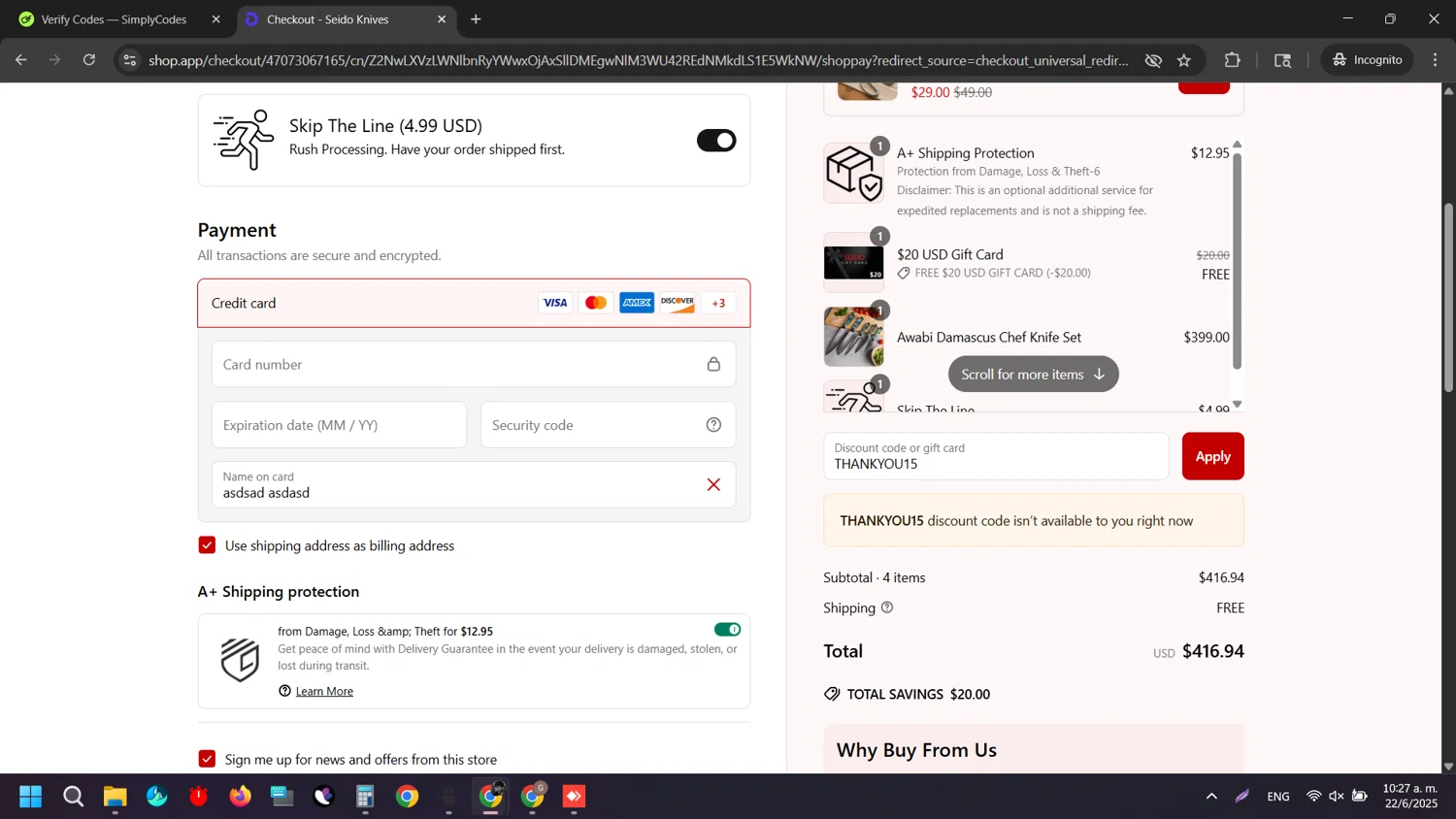 Seido Knives discount code screenshot showing code THANKYOU15 applied at Seido Knives checkout page. Uploaded by SimplyCodes community member Rei_Chikita_uwu on Jun 22, 2025