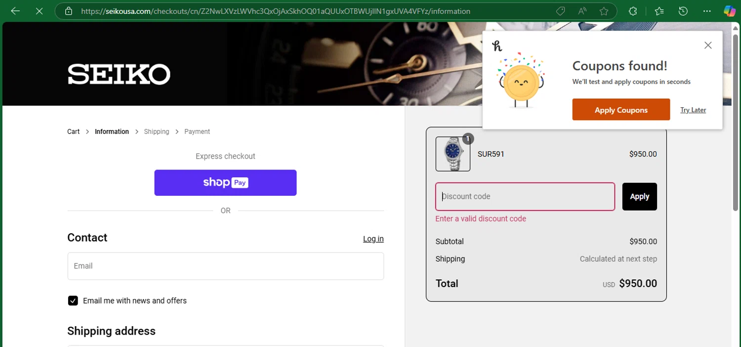Seiko discount code screenshot showing code 1881_10 applied at Seiko checkout page. Uploaded by SimplyCodes community member chepipro on Jan 15, 2025