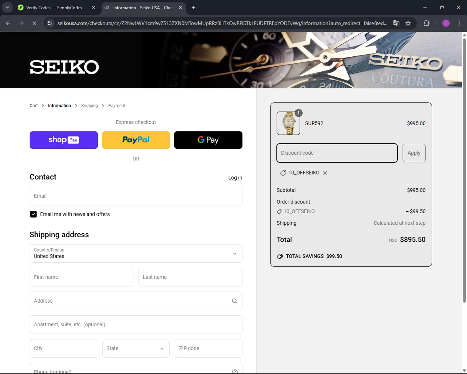 Seiko discount code screenshot showing code 10_OFFSEIKO applied at Seiko checkout page. Uploaded by SimplyCodes community member CleverFinder9623 on Mar 29, 2025