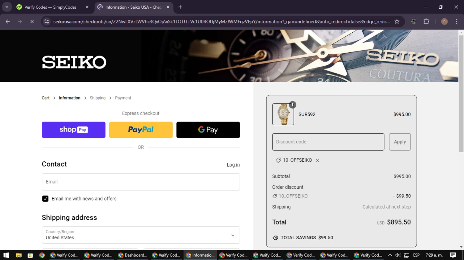 Seiko discount code screenshot showing code 10_OFFSEIKO applied at Seiko checkout page. Uploaded by SimplyCodes community member SmartWarden8713 on Feb 23, 2025
