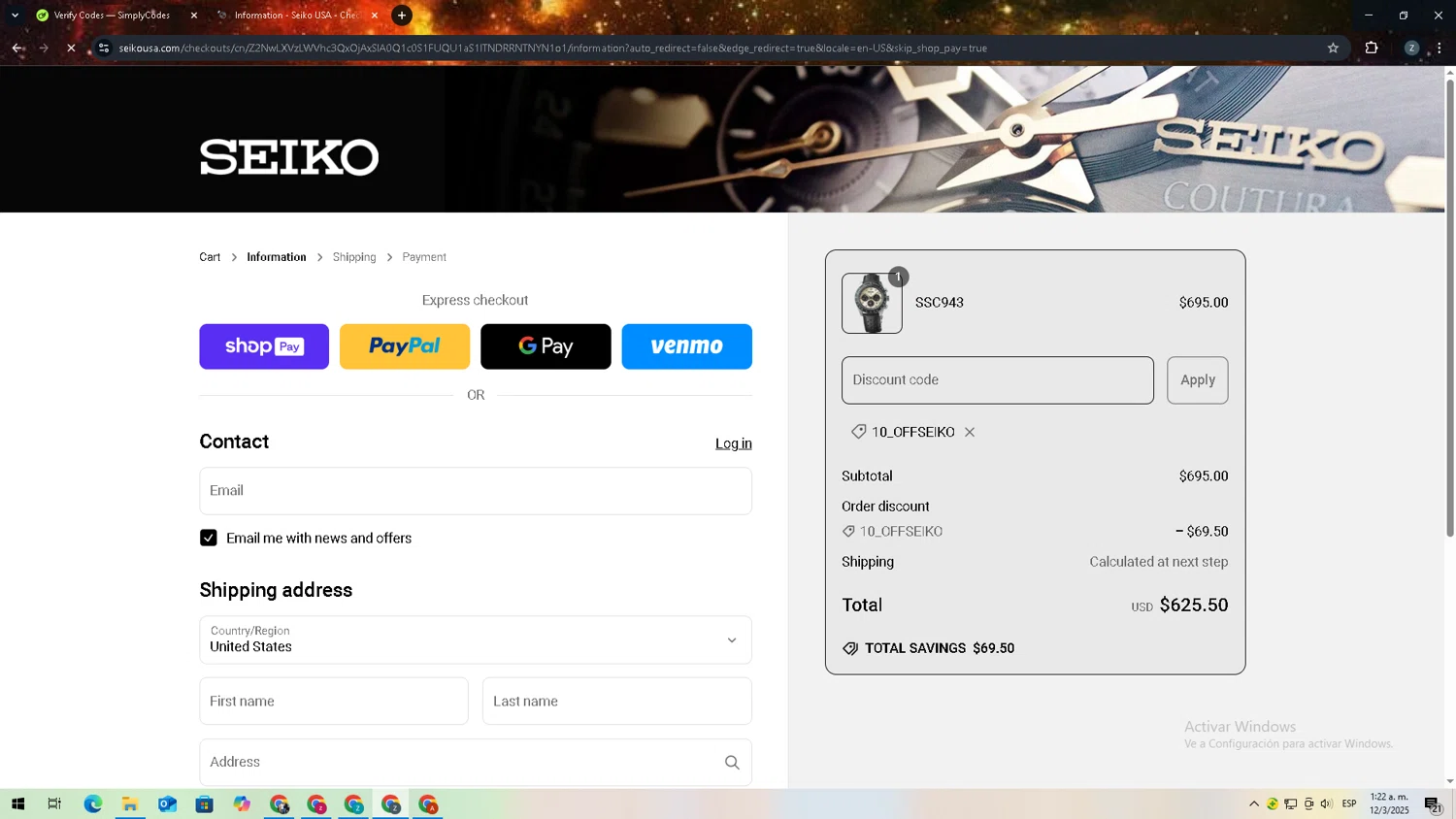 Seiko discount code screenshot showing code 10_OFFSEIKO applied at Seiko checkout page. Uploaded by SimplyCodes community member 27zxbr on Mar 12, 2025