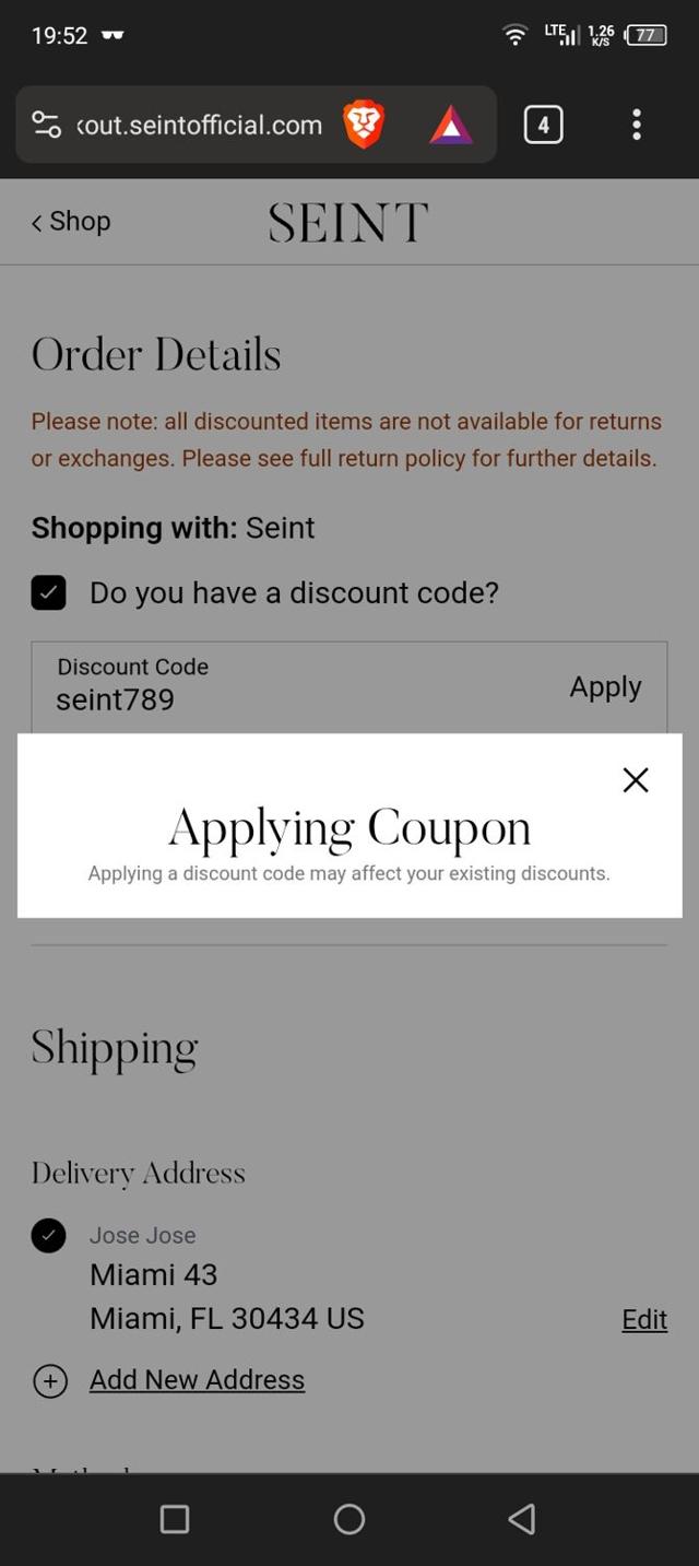 Seint checkout page showing Seint discount code box | Screenshot taken by SimplyCodes community member on Nov 8, 2023