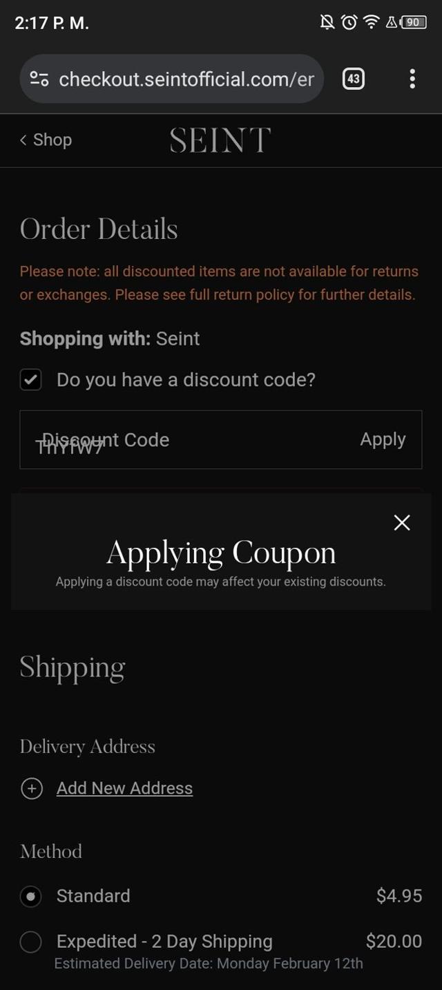 Seint checkout page showing Seint discount code box | Screenshot taken by SimplyCodes community member on Feb 8, 2024