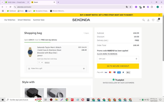 Sekonda checkout page showing Sekonda promo code box | Screenshot taken by SimplyCodes community member on Jul 16, 2025