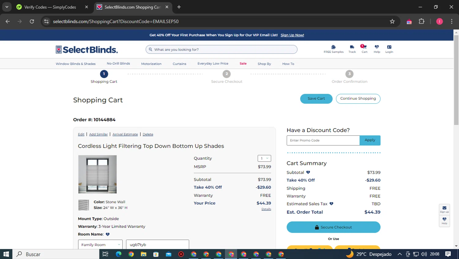 where to use Select Blinds promo code box