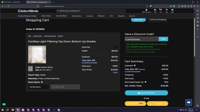 SelectBlinds checkout page showing SelectBlinds promo code box | Screenshot taken by SimplyCodes community member on Aug 19, 2025