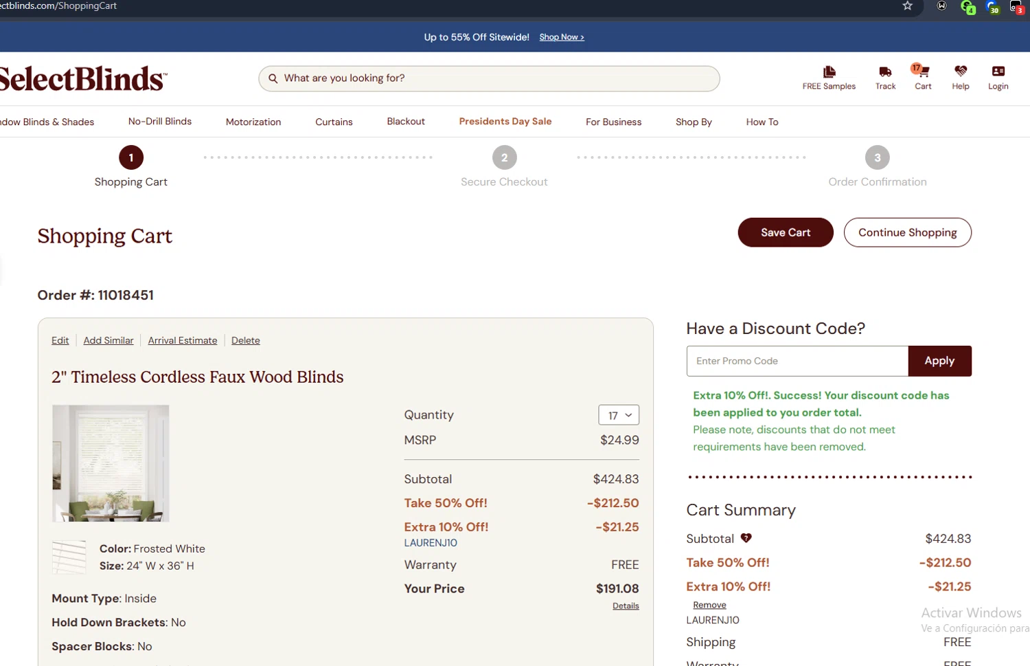 SelectBlinds promo code screenshot showing code Laurenj10 applied at SelectBlinds checkout page. Uploaded by SimplyCodes community member Jmhernand1 on Feb 17, 2026