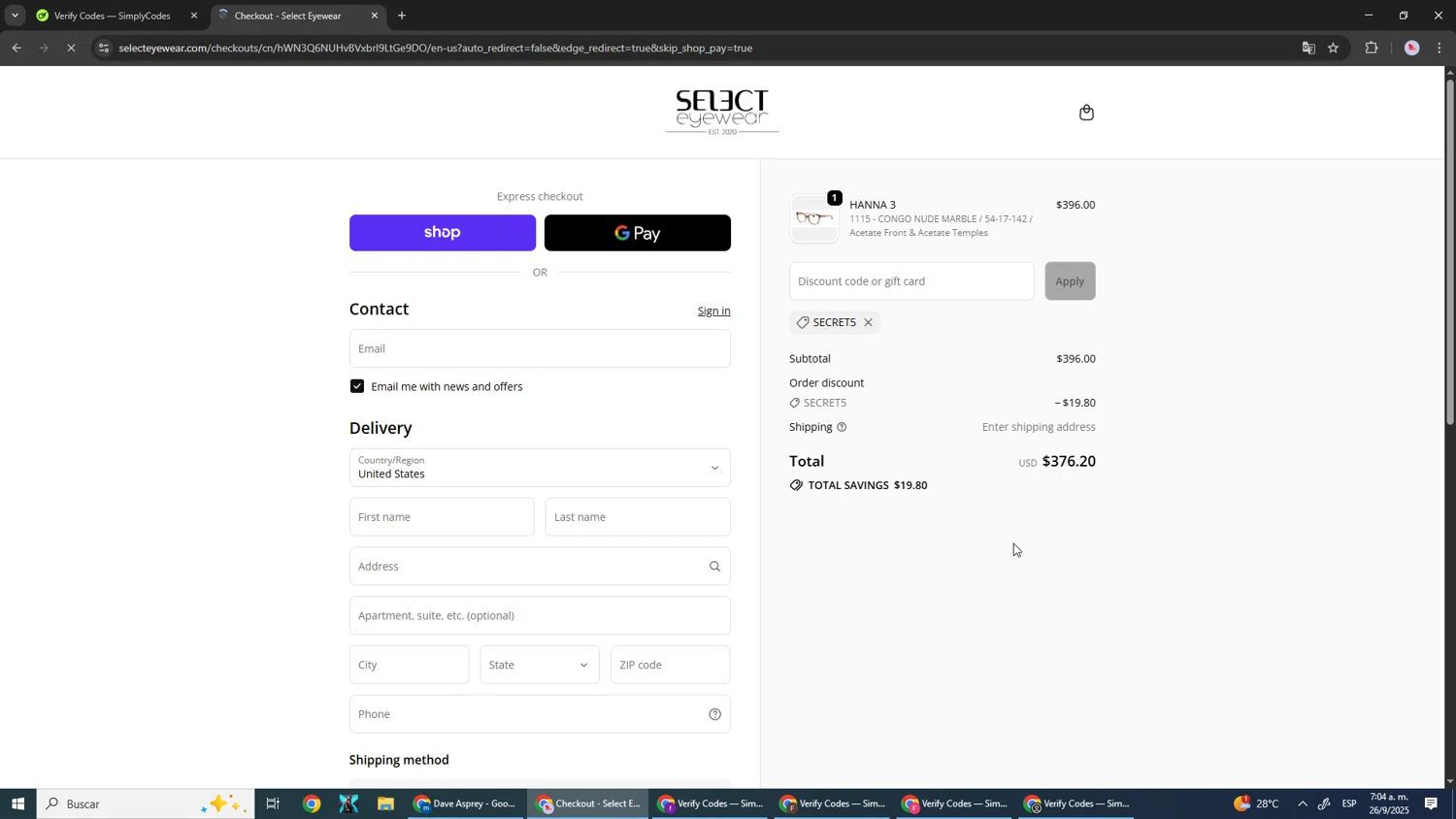 Select Eyewear discount code screenshot showing code SECRET5 applied at Select Eyewear checkout page. Uploaded by SimplyCodes community member DealScout5970 on Sep 26, 2025