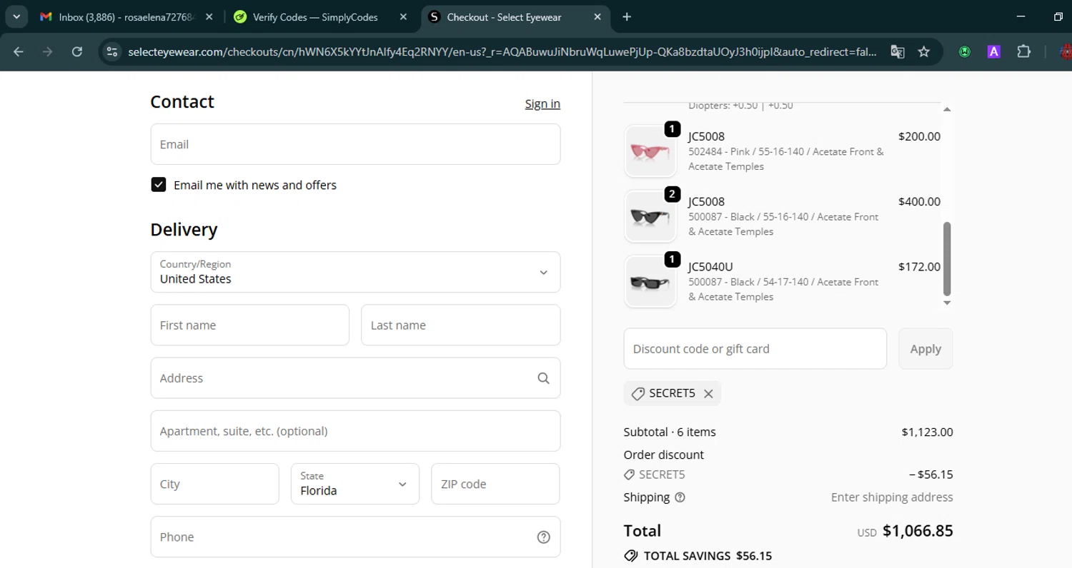 Select Eyewear discount code screenshot showing code SECRET5 applied at Select Eyewear checkout page. Uploaded by SimplyCodes community member VoucherHero6322 on Dec 17, 2025