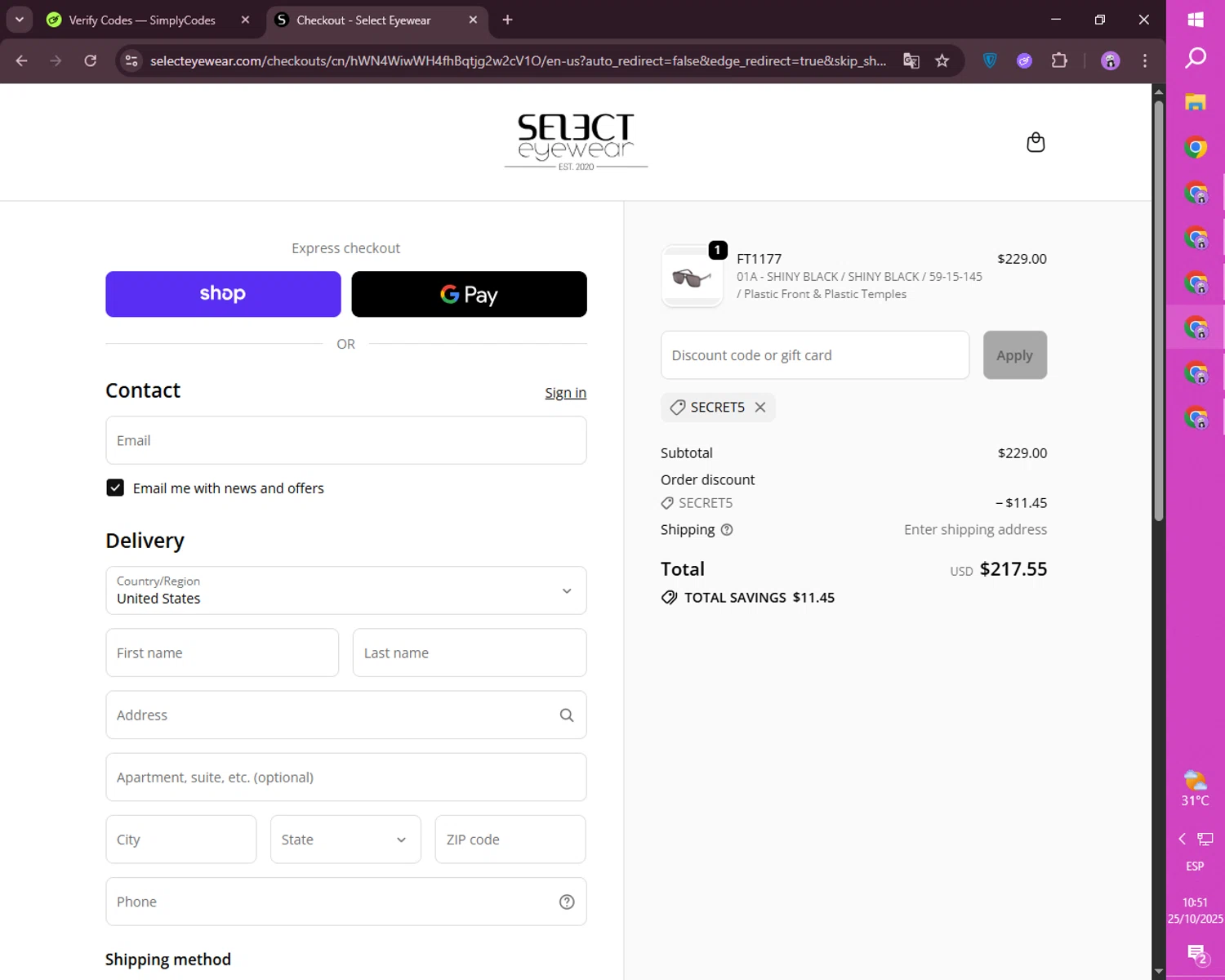 Select Eyewear discount code screenshot showing code SECRET5 applied at Select Eyewear checkout page. Uploaded by SimplyCodes community member mileSalima on Oct 25, 2025