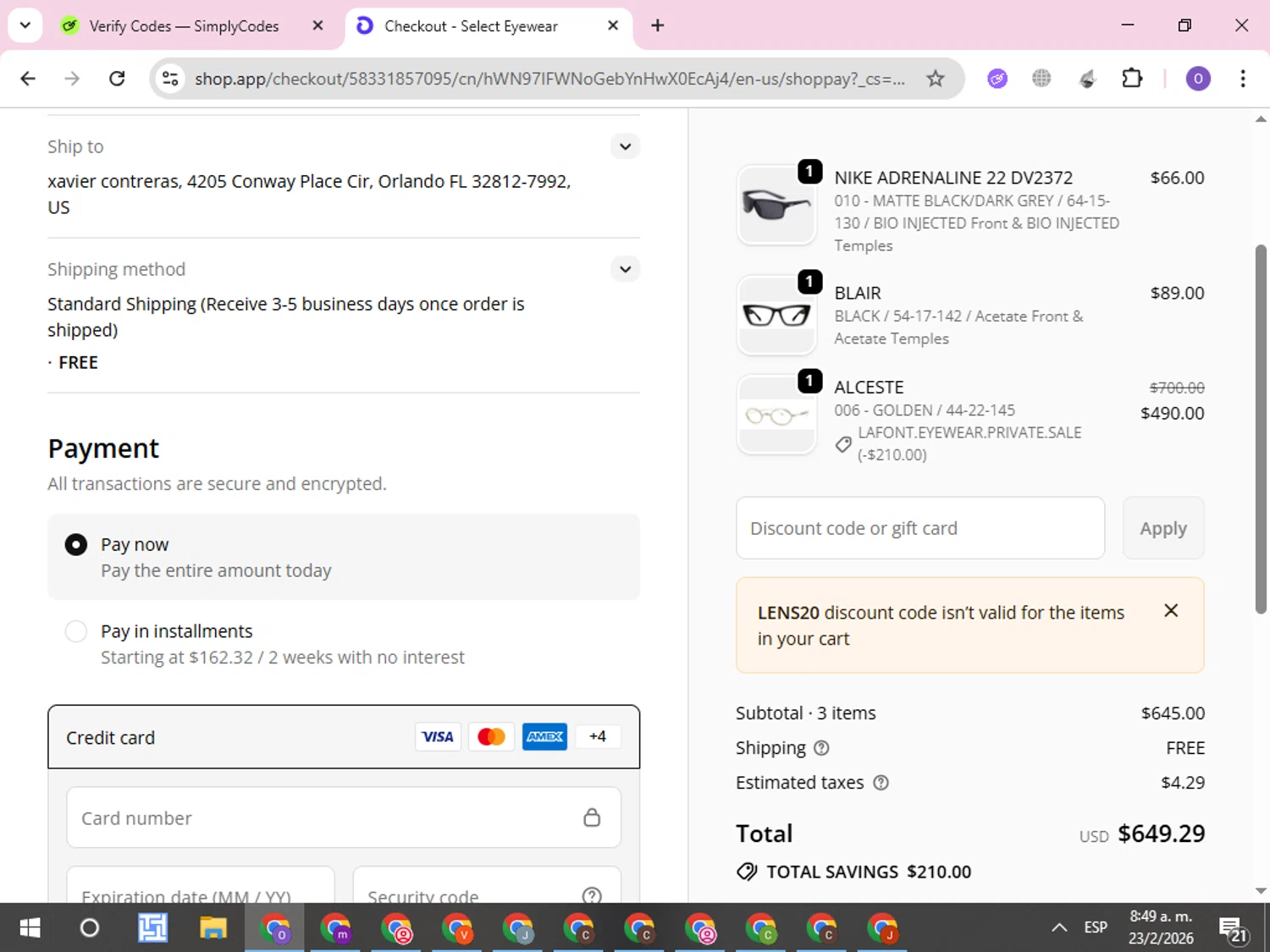 Select Eyewear checkout page showing Select Eyewear discount code box | Screenshot taken by SimplyCodes community member on Feb 23, 2026