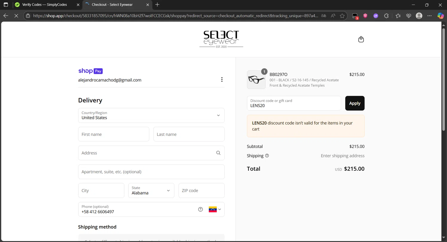 Select Eyewear discount code screenshot showing code LENS20 applied at Select Eyewear checkout page. Uploaded by SimplyCodes community member Eltoro20 on Jul 1, 2025