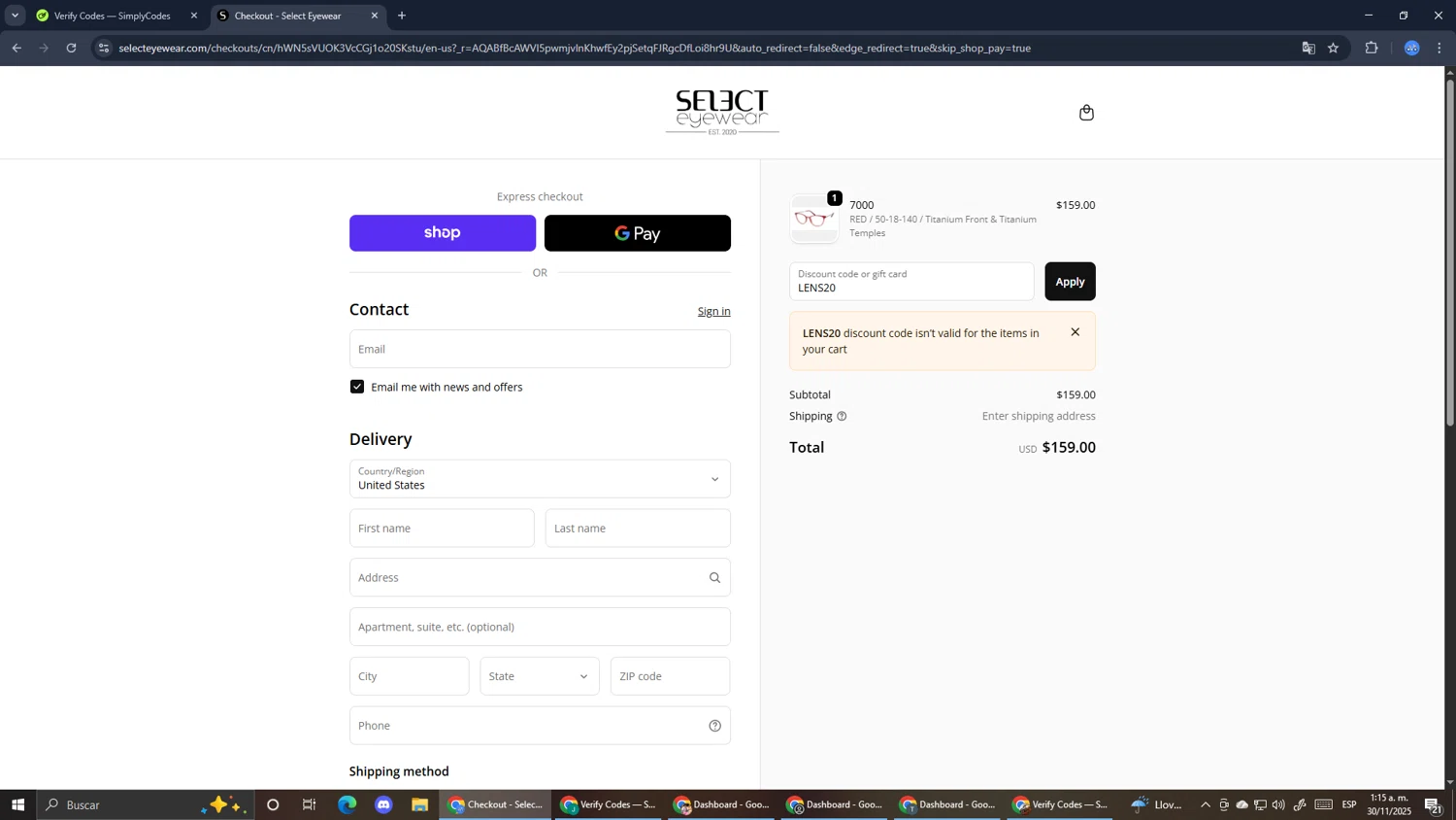 Select Eyewear discount code screenshot showing code LENS20 applied at Select Eyewear checkout page. Uploaded by SimplyCodes community member RoyalExpert3857 on Nov 30, 2025
