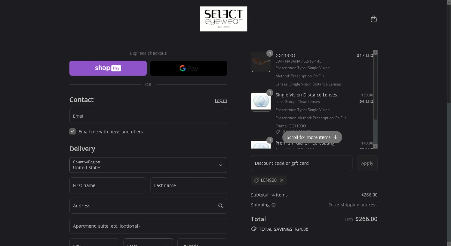Select Eyewear discount code screenshot showing code LENS20 applied at Select Eyewear checkout page. Uploaded by SimplyCodes community member tony2702 on Aug 28, 2025