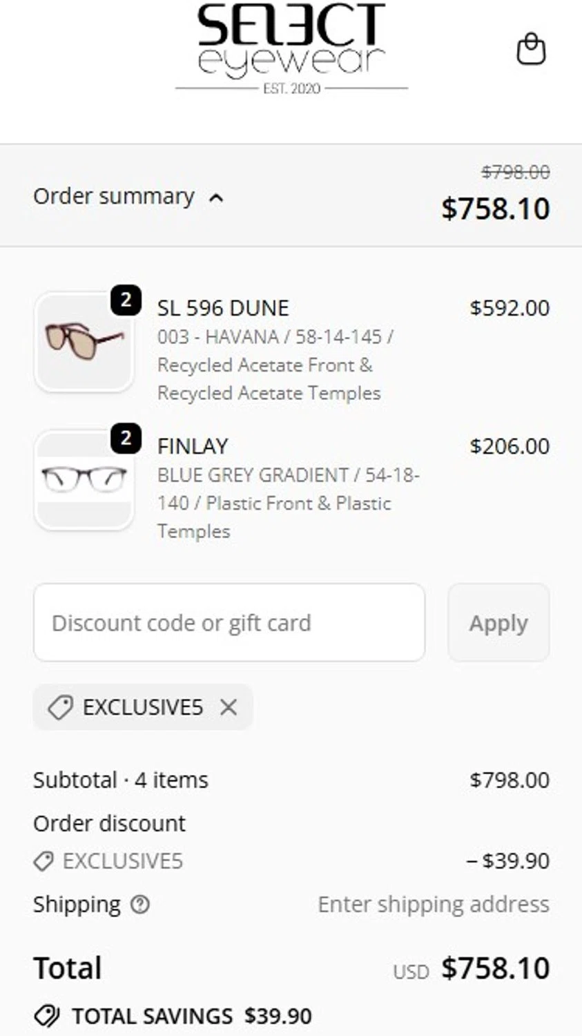 Select Eyewear discount code screenshot showing code EXCLUSIVE5 applied at Select Eyewear checkout page. Uploaded by SimplyCodes community member RonaldoM32 on Jan 30, 2026