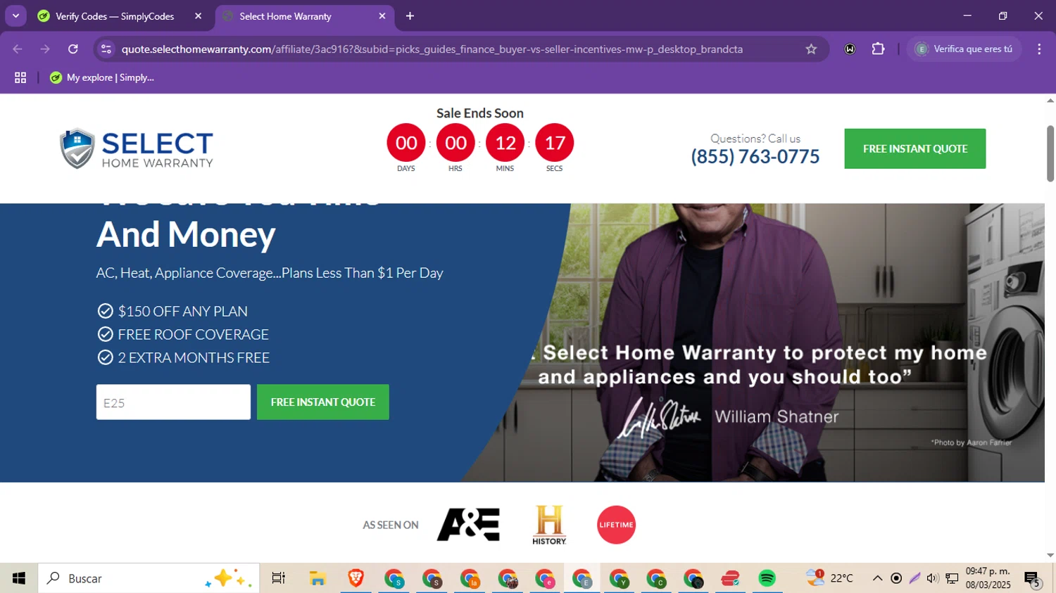 Select Home Warranty promo code screenshot showing code HOUSE25 applied at Select Home Warranty checkout page. Uploaded by SimplyCodes community member MoneySeeker8573 on Mar 9, 2025