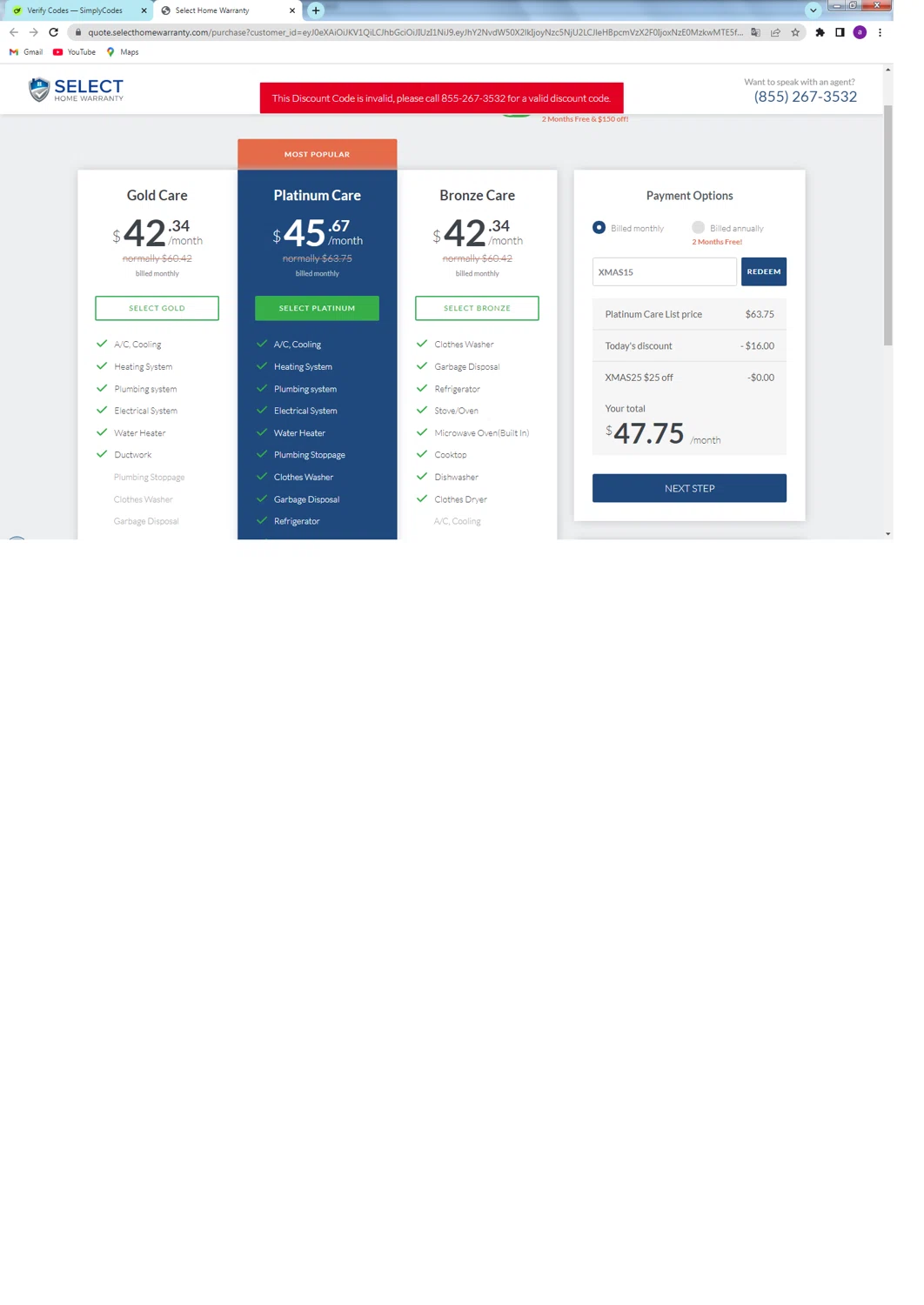 Select Home Warranty promo code screenshot showing code XMAS25 applied at Select Home Warranty checkout page. Uploaded by SimplyCodes community member harinapan on Apr 14, 2025