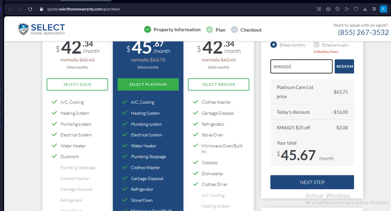 Select Home Warranty promo code screenshot showing code XMAS25 applied at Select Home Warranty checkout page. Uploaded by SimplyCodes community member FramiraGaminG on Apr 9, 2025