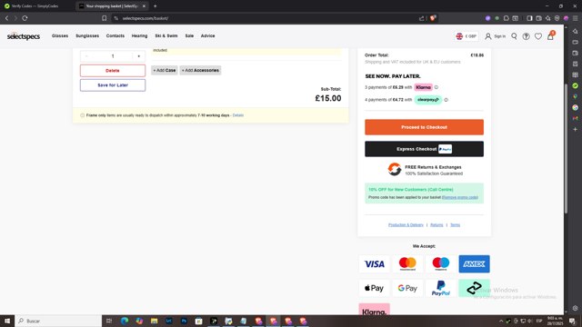 SelectSpecs checkout page showing SelectSpecs promo code box | Screenshot taken by SimplyCodes community member on Jul 28, 2025