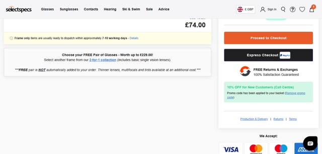 SelectSpecs checkout page showing SelectSpecs promo code box | Screenshot taken by SimplyCodes community member on Jul 28, 2025