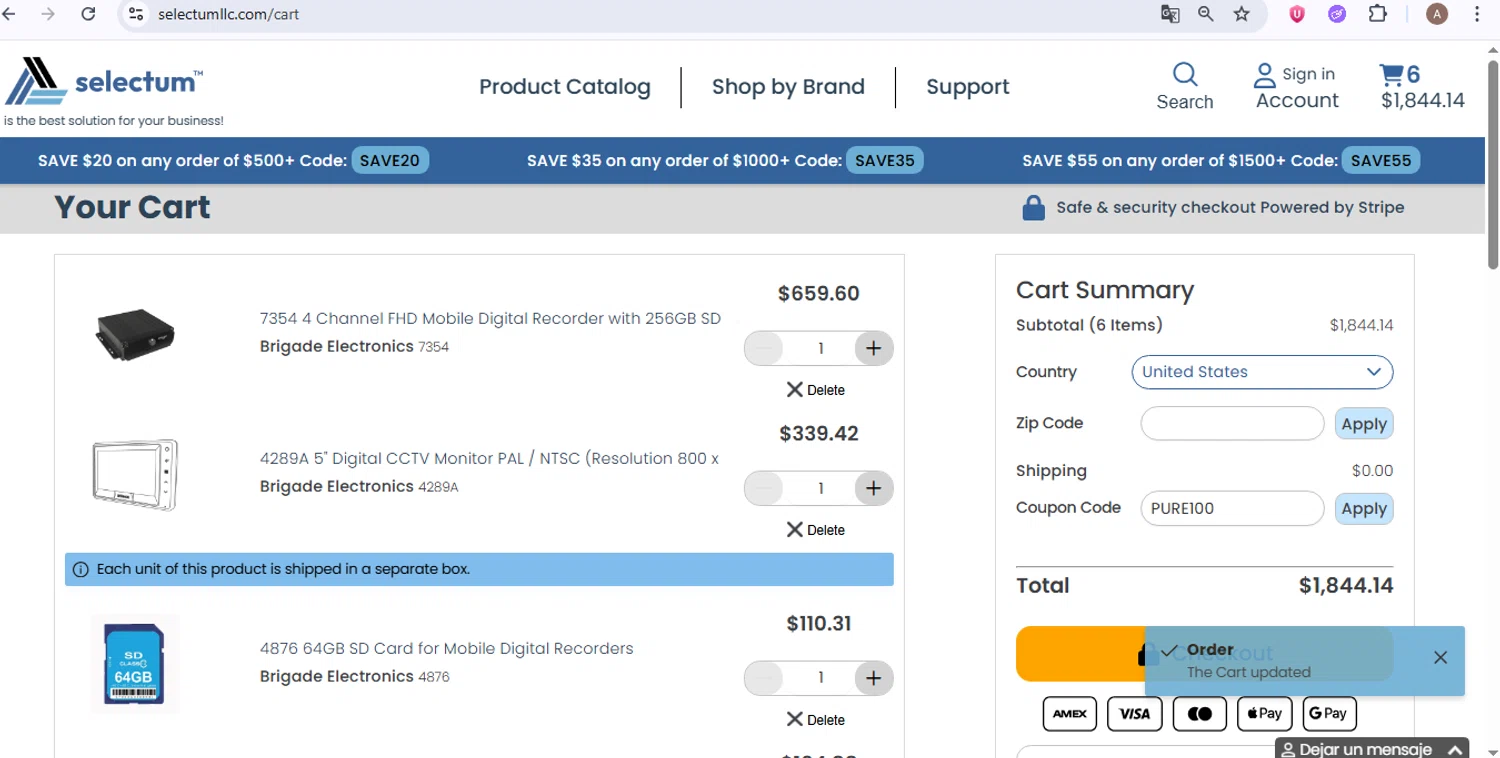 Selectum promo code screenshot showing code PURE100 applied at Selectum checkout page. Uploaded by SimplyCodes community member GoldRanger7896 on Sep 21, 2025