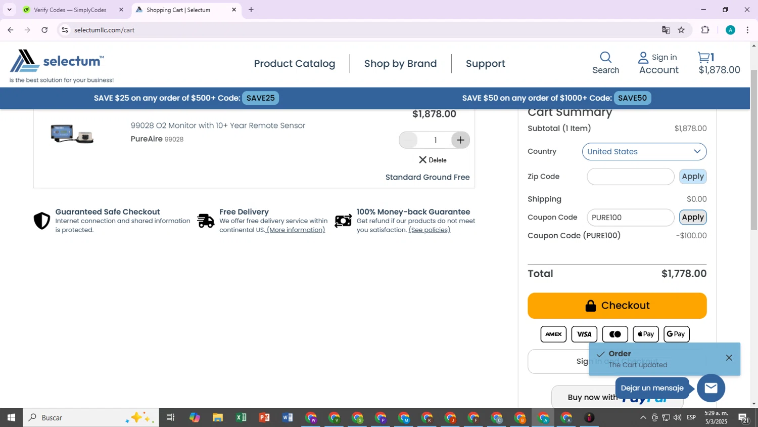 Selectum promo code screenshot showing code PURE100 applied at Selectum checkout page. Uploaded by SimplyCodes community member SaleTiger4389 on Mar 5, 2025