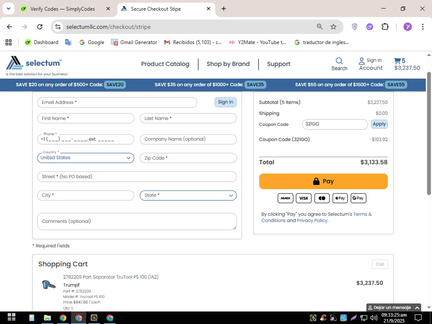 Selectum checkout page showing Selectum promo code box | Screenshot taken by SimplyCodes community member on Sep 21, 2025