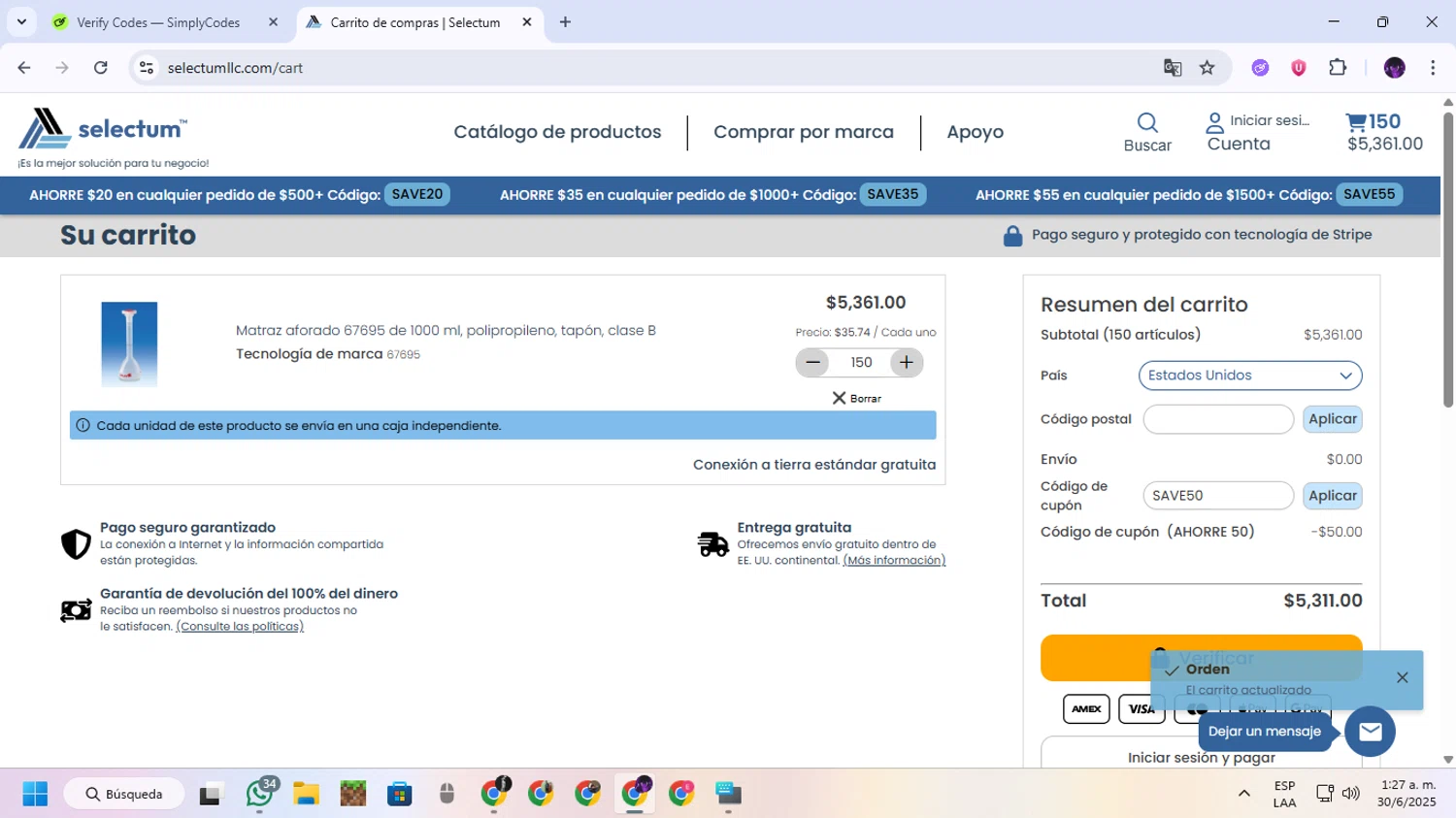 Selectum promo code screenshot showing code SAVE50 applied at Selectum checkout page. Uploaded by SimplyCodes community member GloriousGuardian9063 on Jun 30, 2025