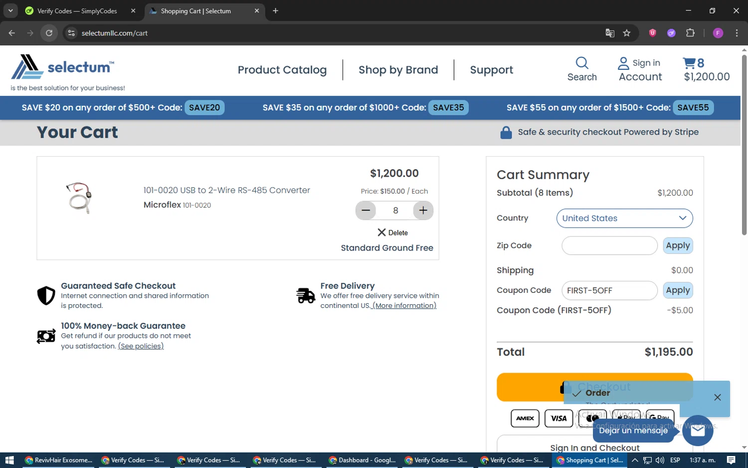 Selectum promo code screenshot showing code FIRST-5OFF applied at Selectum checkout page. Uploaded by SimplyCodes community member CleverSpotter6431 on Jun 30, 2025