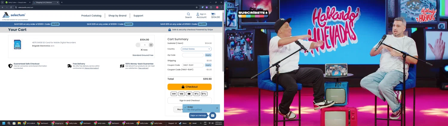 Selectum promo code screenshot showing code FIRST-5OFF applied at Selectum checkout page. Uploaded by SimplyCodes community member TreasureWarden457 on Jun 16, 2025