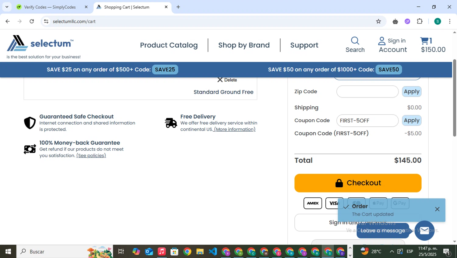 Selectum promo code screenshot showing code FIRST-5OFF applied at Selectum checkout page. Uploaded by SimplyCodes community member VictoriousPilot5281 on May 26, 2025