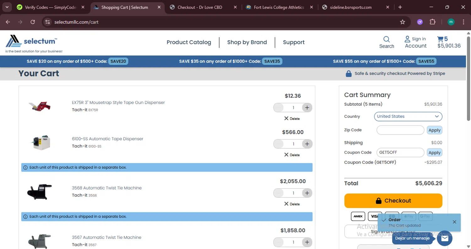 Selectum promo code screenshot showing code GET5OFF applied at Selectum checkout page. Uploaded by SimplyCodes community member CrownSpotter4262 on Jun 30, 2025