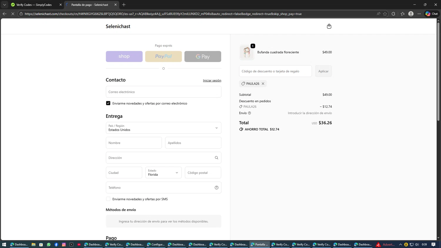 Selenichast promo code screenshot showing code PAULA26 applied at Selenichast checkout page. Uploaded by SimplyCodes community member AVATIGRITO on Feb 1, 2026