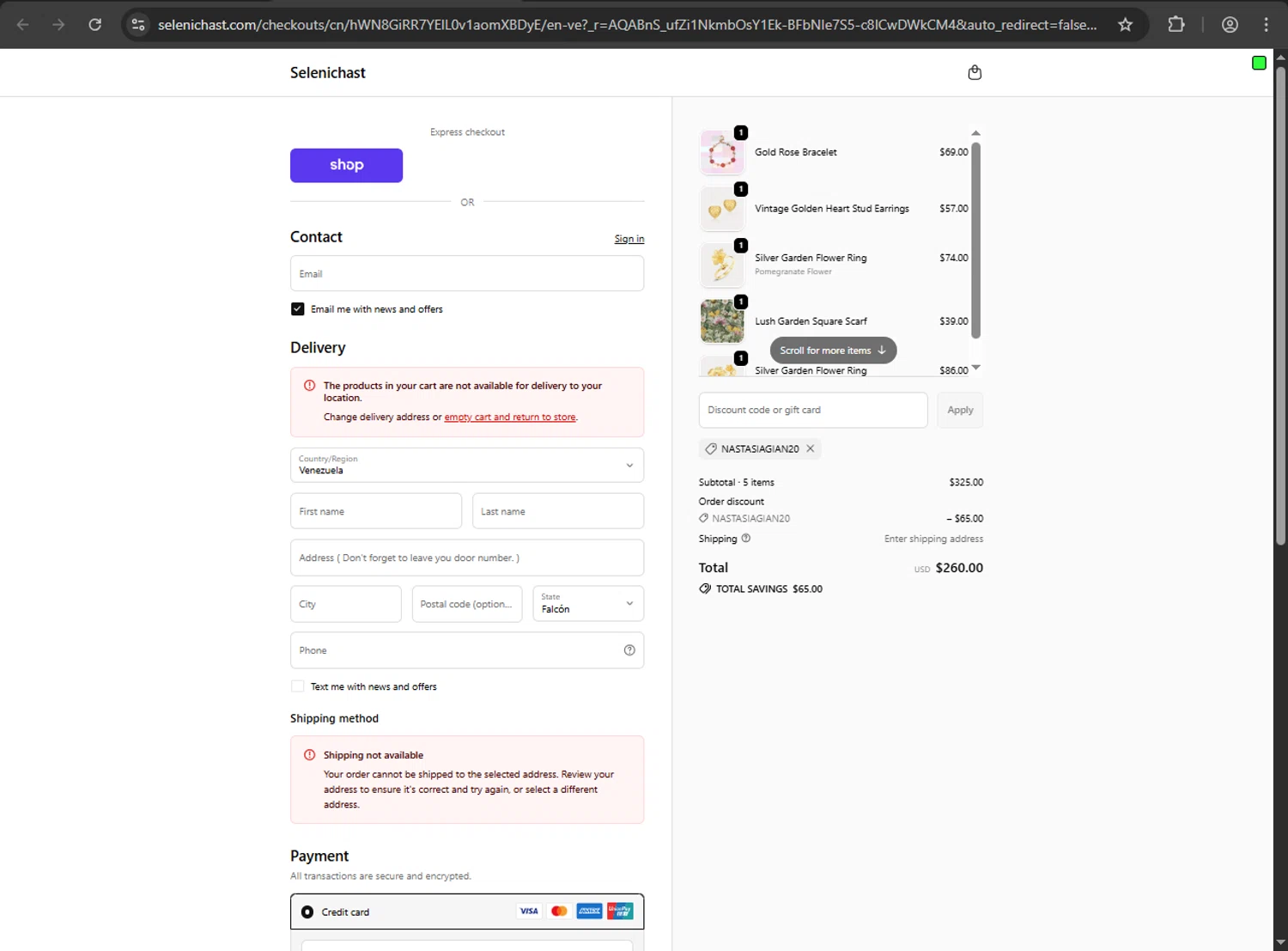Selenichast promo code screenshot showing code nastasiagian20 applied at Selenichast checkout page. Uploaded by SimplyCodes community member luffyreturn on Feb 1, 2026