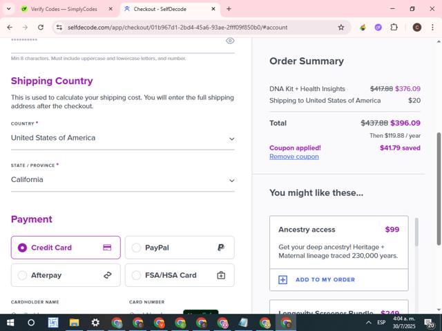 SelfDecode checkout page showing SelfDecode coupon code box | Screenshot taken by SimplyCodes community member on Jul 30, 2025