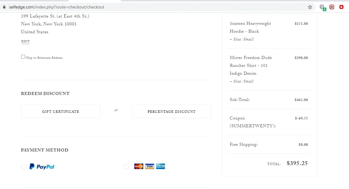 Self Edge checkout page showing Self Edge discount code box | Screenshot taken by SimplyCodes community member on Oct 1, 2020